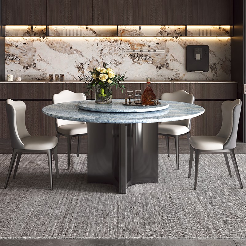 天然大理石圆桌蓝水晶奢石餐桌轻意式高级感圆形别墅大平层带转盘