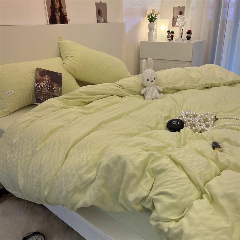 韩式风贴标款小泡泡蜜瓜绿床上用品床单四件套纯色简约被套三件套