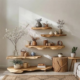 侘寂风墙边实木有形置物架民宿客厅收纳架多层木壁挂一字板展示架