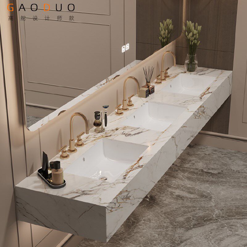 卫生间挂墙式岩板洗手盆简约奶油风洗手盆洗手台洗漱台定制大尺寸