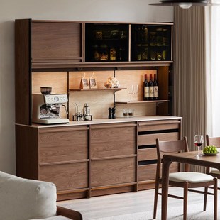 番薯木作黑胡桃木餐柜靠墙一体实木洞石岩板实木整体橱柜储物置物