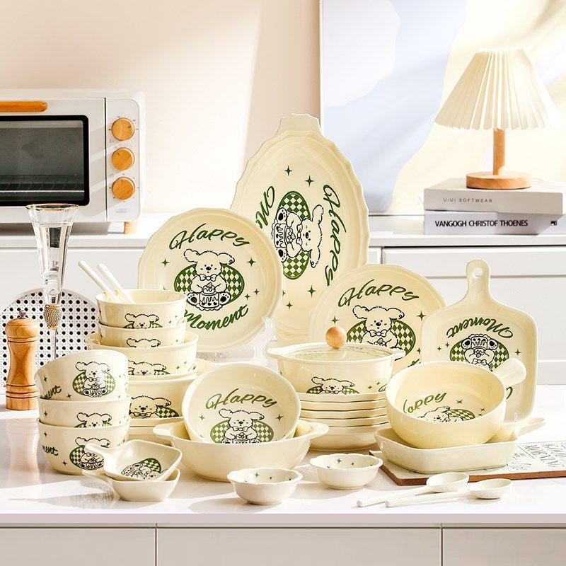 奶油风碗碟套装家用2024新款动物卡通可爱高颜值饭碗碗筷碗盘餐具,餐饮具,碗,淘宝优惠券,粉丝福利购,淘宝优惠卷