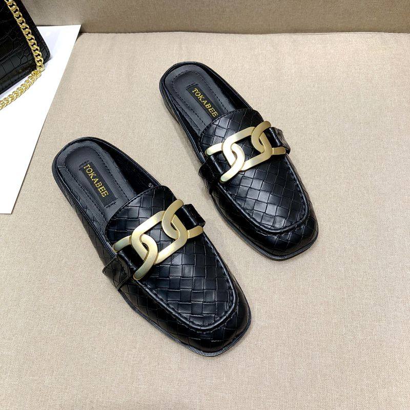 欧美风2021春秋季新款女鞋子大码时尚金属扣方头包头低跟半拖鞋女