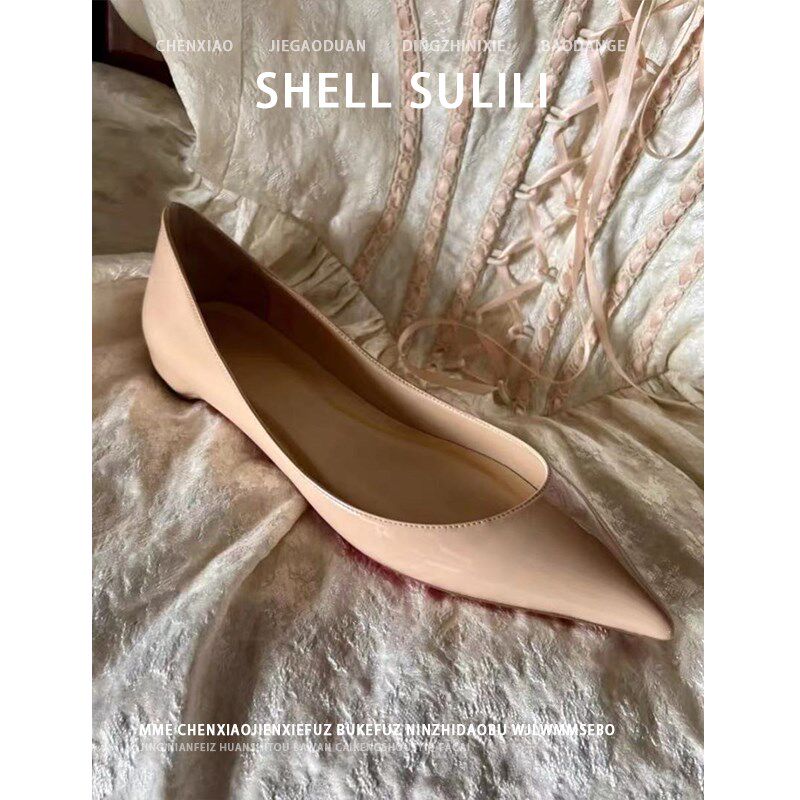 裸色单鞋女2024平底鞋低u跟尖头红底鞋内增高大码女鞋温柔职业鞋