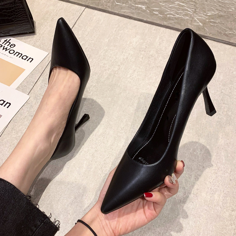 高跟鞋女细跟2021年新款夏季黑色软F皮尖头职业场面试低跟工作单