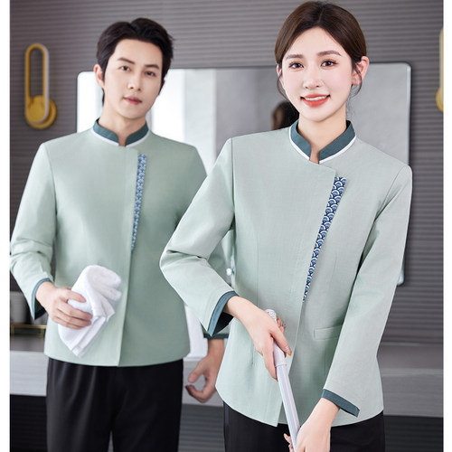 斜门襟印花星g级酒店客房保洁工作服长袖春秋民宿阿姨保洁工装大