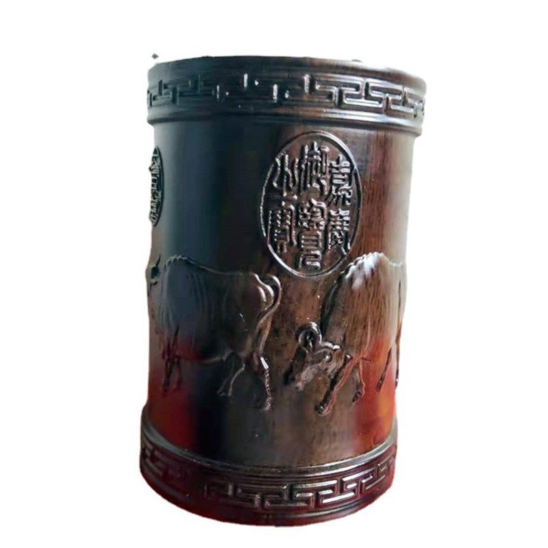 红木浮雕刻笔筒工艺摆饰木雕刻实木黑檀木质喜上眉梢办公室笔筒