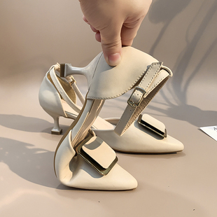 新款 2021年夏季 方扣百搭软皮 女仙女风猫m跟气质中空女鞋 高跟凉鞋