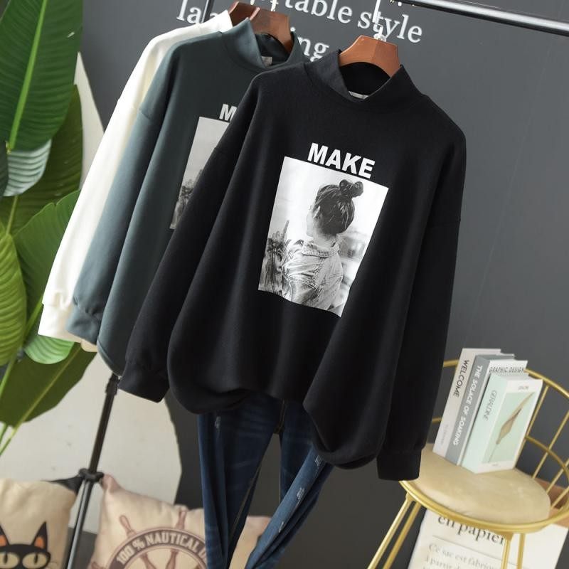 秋冬季大码宽松磨毛加厚纯棉半高B领女T恤长袖中长款小高领打底衫