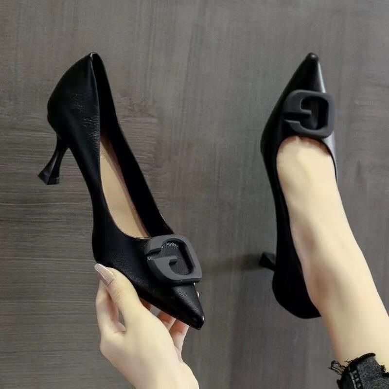 网红尖头高跟鞋女2025春秋新款百搭职业裸色浅口中跟软皮细跟单鞋,女鞋,浅口单鞋,淘宝优惠券,粉丝福利购,淘宝优惠卷