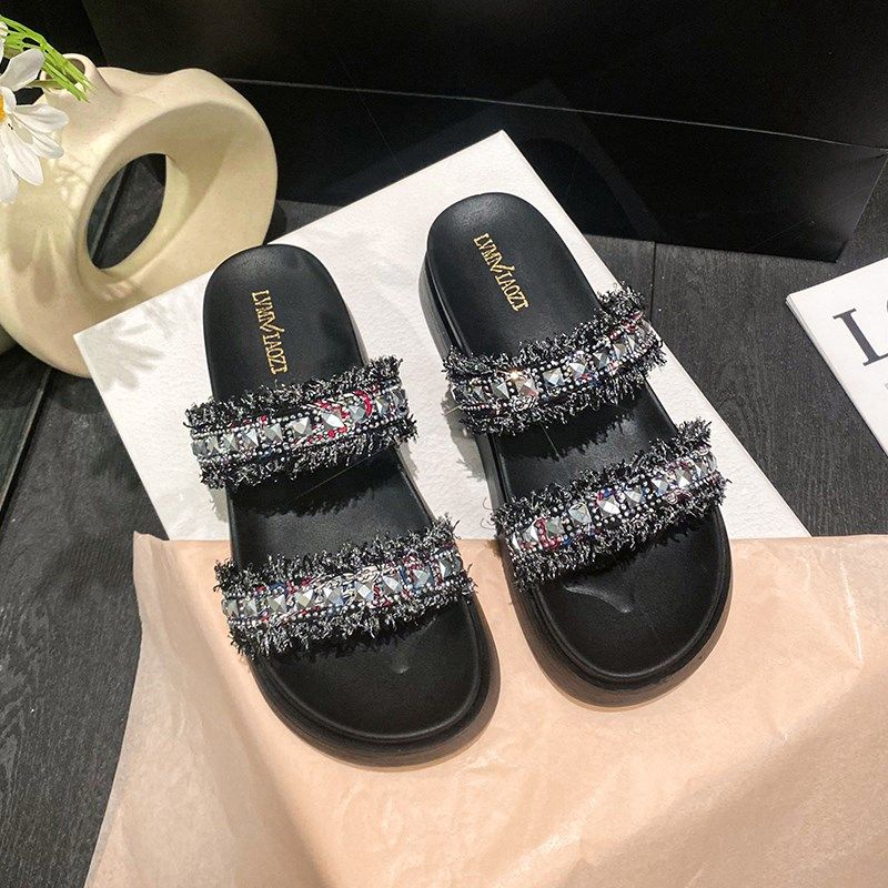 粗跟厚底增高水钻一字拖鞋女夏季外穿防滑防L滑凉拖大码女鞋41-43