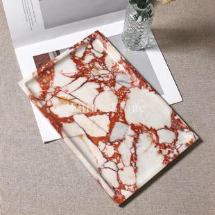 轻奢天然红色大理石长方形托盘浴室乳液瓶置物盘珠宝首饰戒指收纳