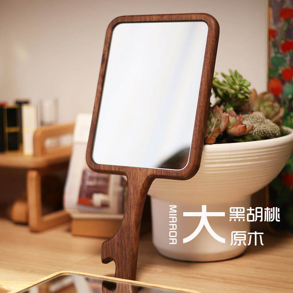 实木超大手柄化妆镜子可携式高清手持梳妆美容院镜定制LOGO个性刻