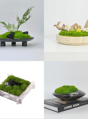 大理石永生苔藓绿植盆景简约新中式样板间办公室装饰摆件可定制尺