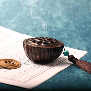 黑檀覆古莲蓬檀香炉禅意沉香炉盘香焚香塔香炉居家茶道香座香托