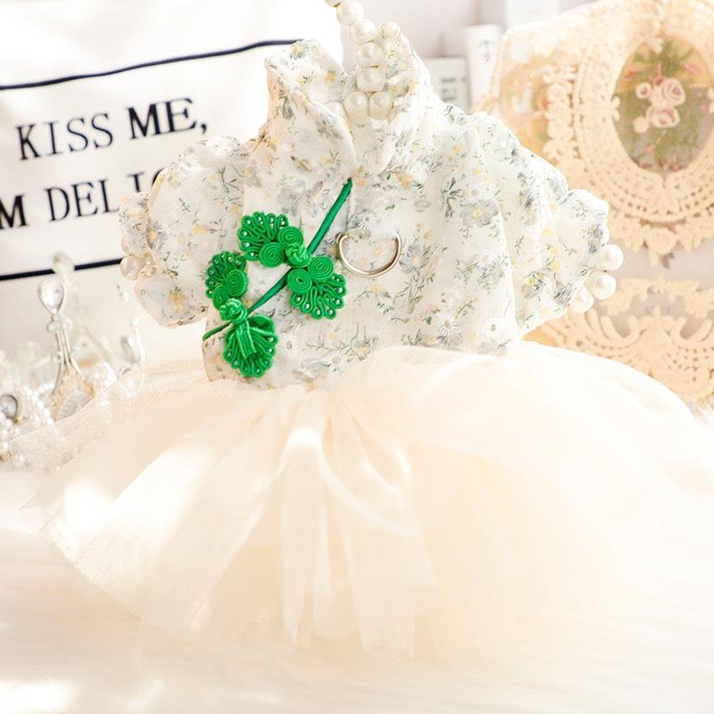 狗狗衣服春夏薄款猫咪公主裙小荷旗袍复古纱裙小型犬泰迪宠物比熊