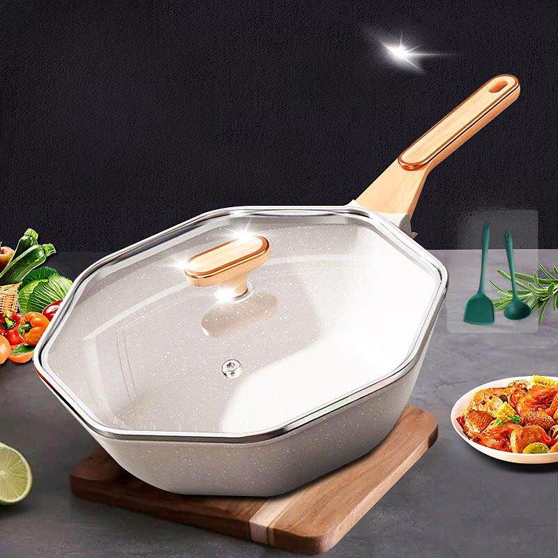 麦饭石不粘锅家用炒菜锅八角小炒锅平底锅不沾锅电磁炉燃气灶专用