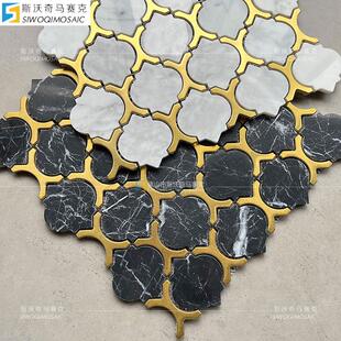 轻奢白色卫生间浴室 金色天然石材马赛克 黑白大理石防滑地砖