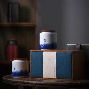 荷清小号茶叶罐陶瓷绿茶龙井茶三两包装盒礼盒空盒高档竹制品空盒