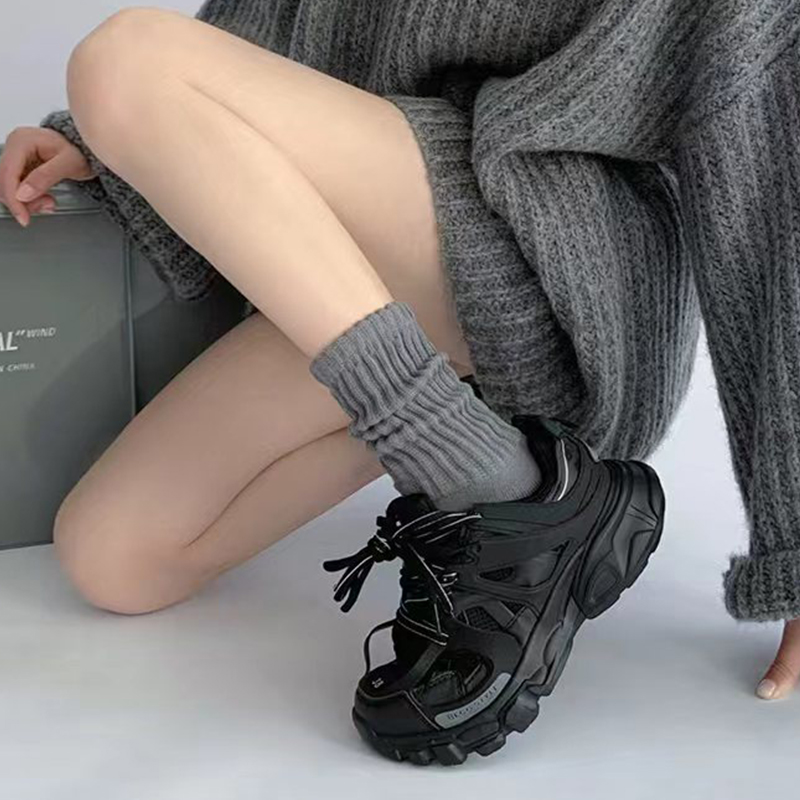 日系粗线袜子女春秋灰色堆堆袜女秋冬中筒袜针织女款白色毛线长袜