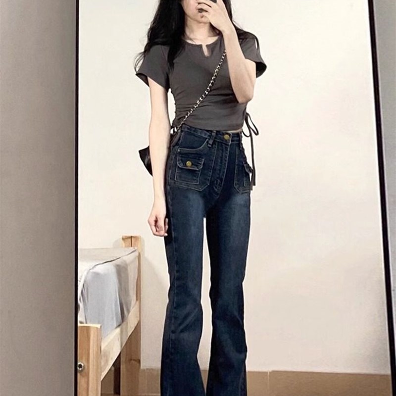甜辣穿搭一整套夏季女2024新款轻熟风修身上衣两件套装喇叭牛仔裤