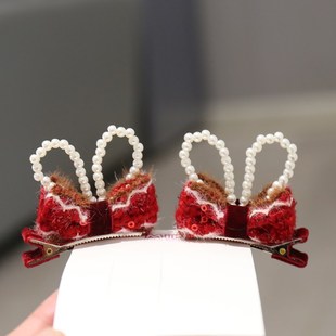 可爱冬款 毛球立体蝴蝶结儿童发夹兔耳朵女孩对夹过年头饰宝宝发饰