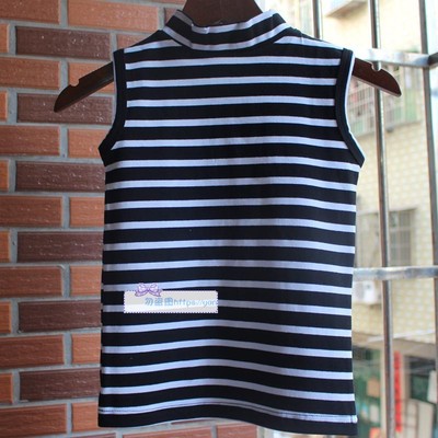 儿童新款立领打底衫2021秋冬款男童女童无袖T恤 宝宝条纹纯棉背心