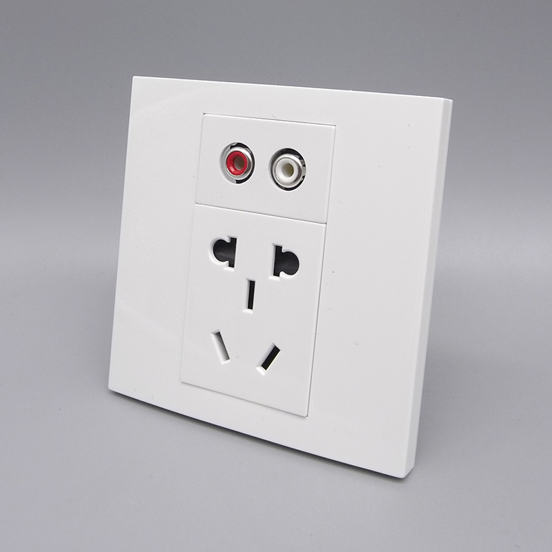 86型五孔电源带红白AV音频免焊接线多媒体插座5孔加莲花音频面板