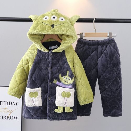 冬季儿童睡衣加厚夹棉男孩中大童卡通中长款法兰绒家居服套装带帽