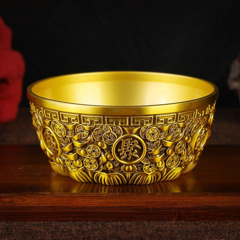 加厚实心黄铜聚宝盆摆件复古做旧浮雕金铜钱元宝纯铜米缸客厅聚财