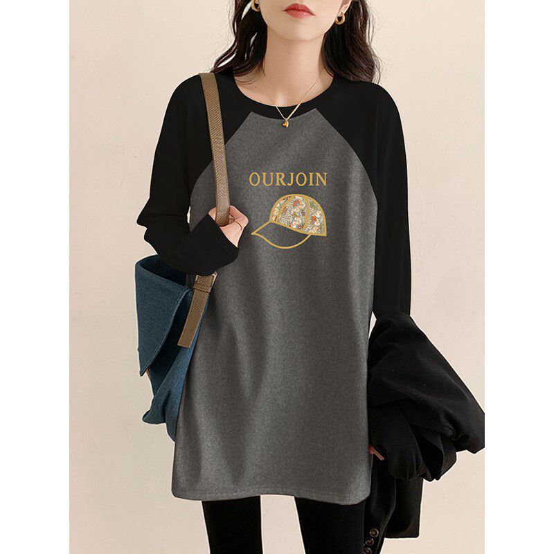 中长款遮屁股纯棉T恤女春秋季宽松显瘦打底衫磨毛内搭长袖上衣服