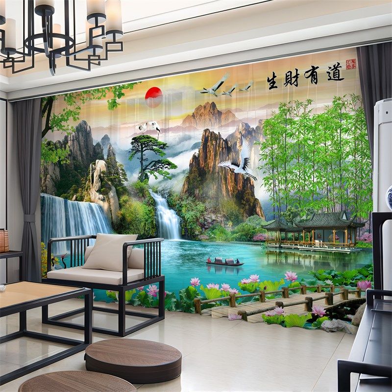 2024新中式窗帘布阳台国风景迎客松山水画遮阳透光不透人纱帘隔断,居家布艺,定制窗帘,淘宝优惠券,粉丝福利购,淘宝优惠卷