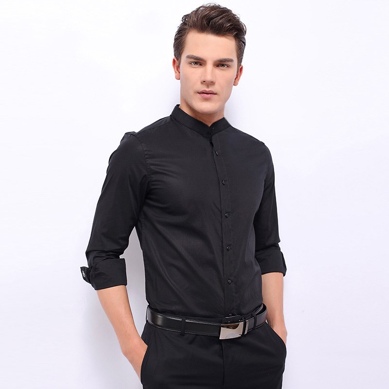 立领衬衫男长袖白色中华小立领纯棉免烫无领中山装男士圆领白衬衣