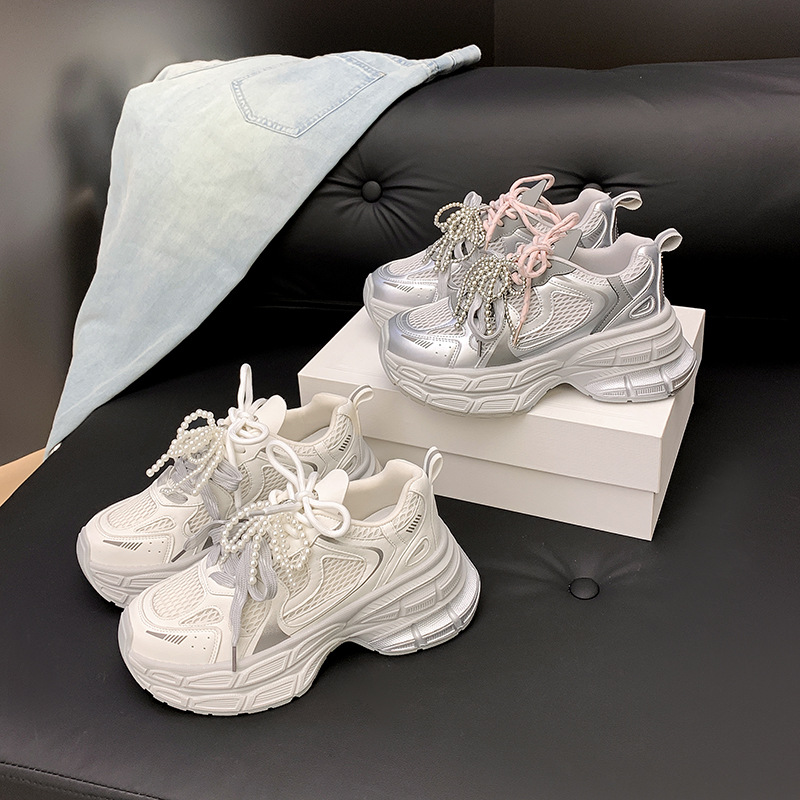 同款 2025夏季双层厚底增高格雷系休闲运动鞋女真皮老爹鞋