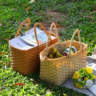 北欧式野餐手提篮塑料藤编户外采摘手提篮超市购物篮拍照道具篮子