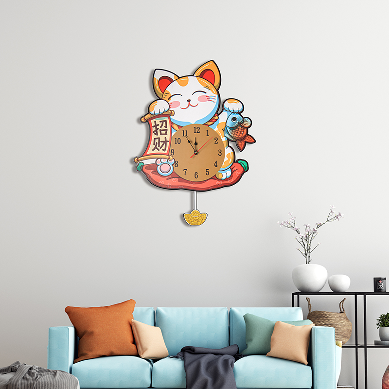 钟表挂钟客厅家用表招财猫创意时钟挂墙装饰画静音挂表摇摆石英钟