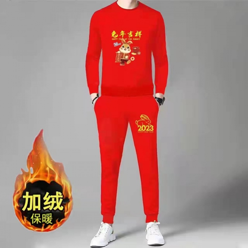 2024龙年本命年国潮大码红色圆领卫衣男生秋冬加绒情侣装新年衣服