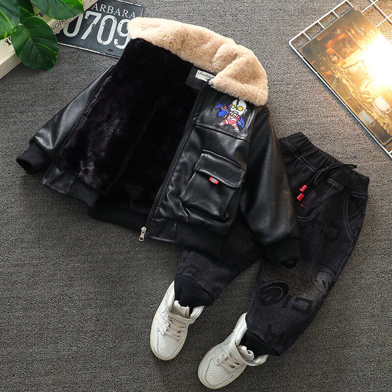 男童加绒套装冬款皮衣加厚2024新款宝宝洋气皮夹克防风儿童秋冬装