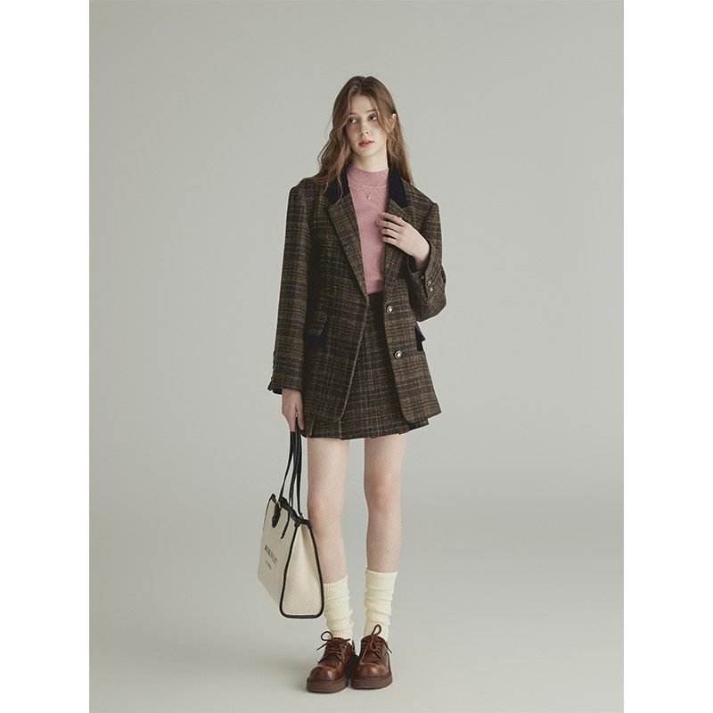 三十三【南约学院】棕色格纹西装外套女学院风a字高腰半身裙套装