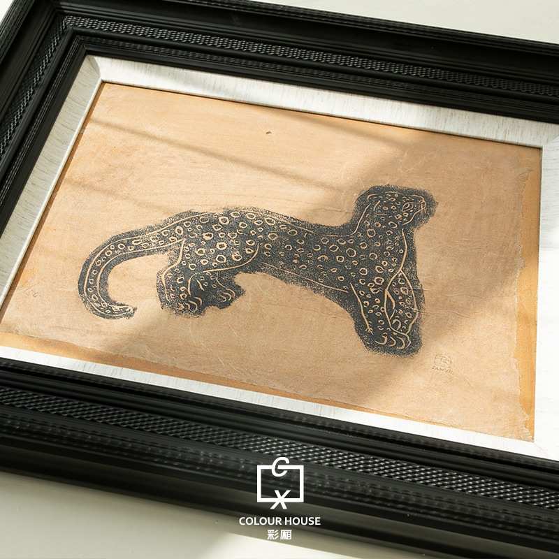 常玉豹子动物主题中古新中式当代艺术微喷实木画框组合画装饰画