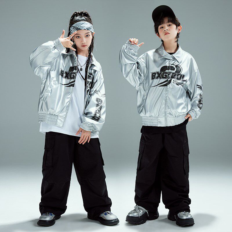 少儿街舞元旦演出服男女童hiphop嘻哈爵士银色皮衣外套亮面架子鼓