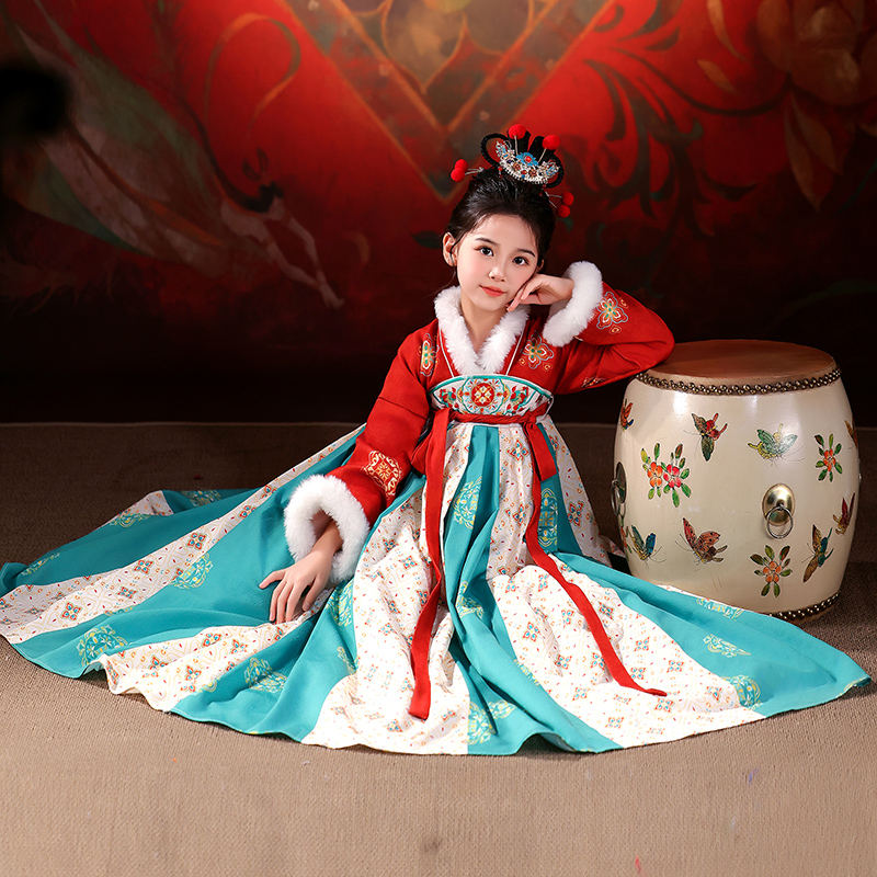 敦煌飞天汉服女童秋冬2024新款国风新中式古风连衣裙古装儿童唐装