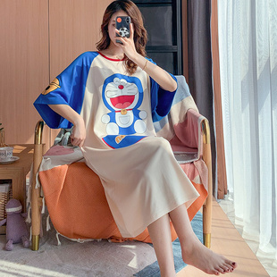 大码睡衣女200斤夏季纯棉可爱胖MM睡裙中长款宽松T恤裙220斤孕妇