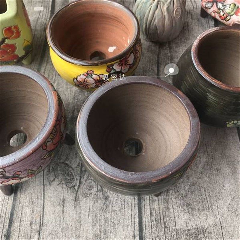 思密达创意韩式手工雕刻三脚带足高温釉烧粗陶泥多肉肉中号花盆器