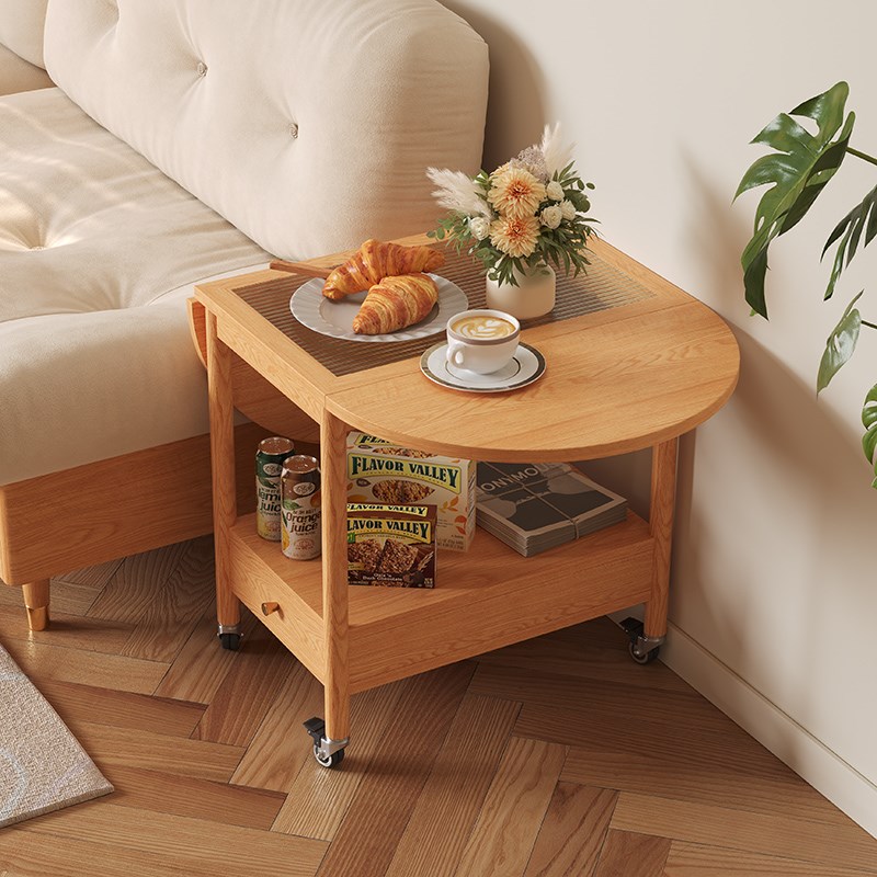 可移动折叠茶几日式原木风实木小户型客厅茶桌沙发U边几带轮小推