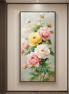 牡WVL丹花挂画中国风入口门客入开口装饰画鲜花盛财富垂直版走廊