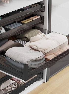 帽间奢RISO-GL玻璃储衣柜衣拉篮抽屉式衣橱内置伸缩裤架饰轻品收