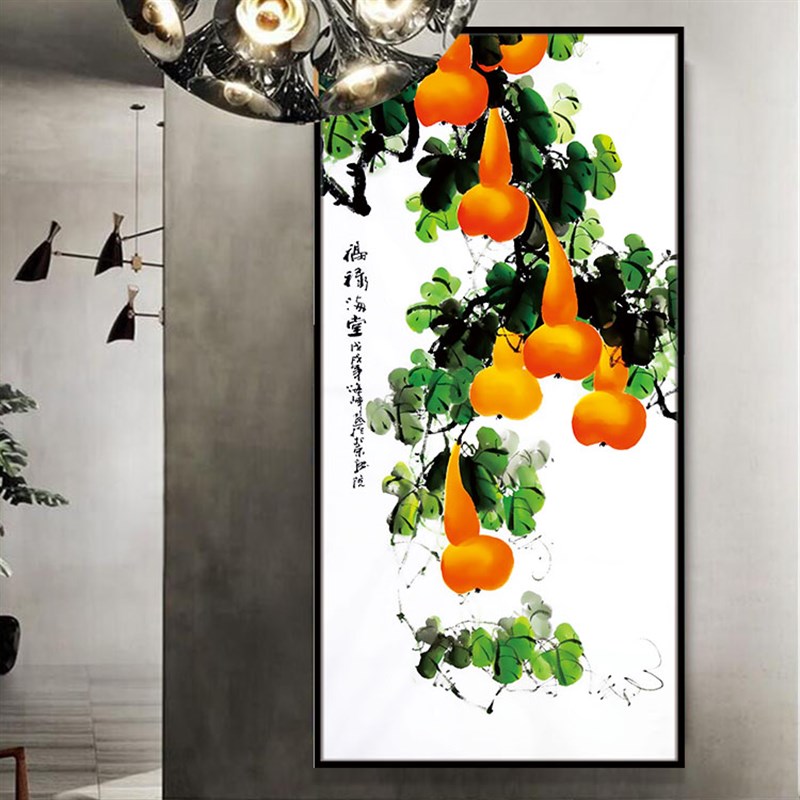 新中式福禄满堂装饰画橙黄色葫芦绿藤晶瓷画家庭入户玄关长幅挂画图片