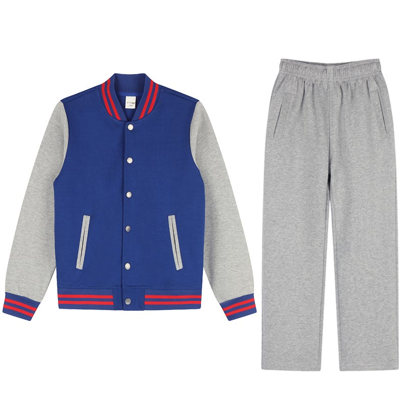 儿童宝蓝色棒球服套装郑州金水区优胜路小学校服浅灰色直筒运动裤