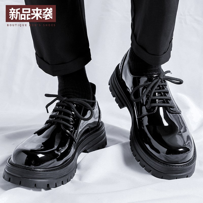 男士新款皮鞋休闲亮面潮商务厚底英伦风大头中低帮男款工装马丁靴